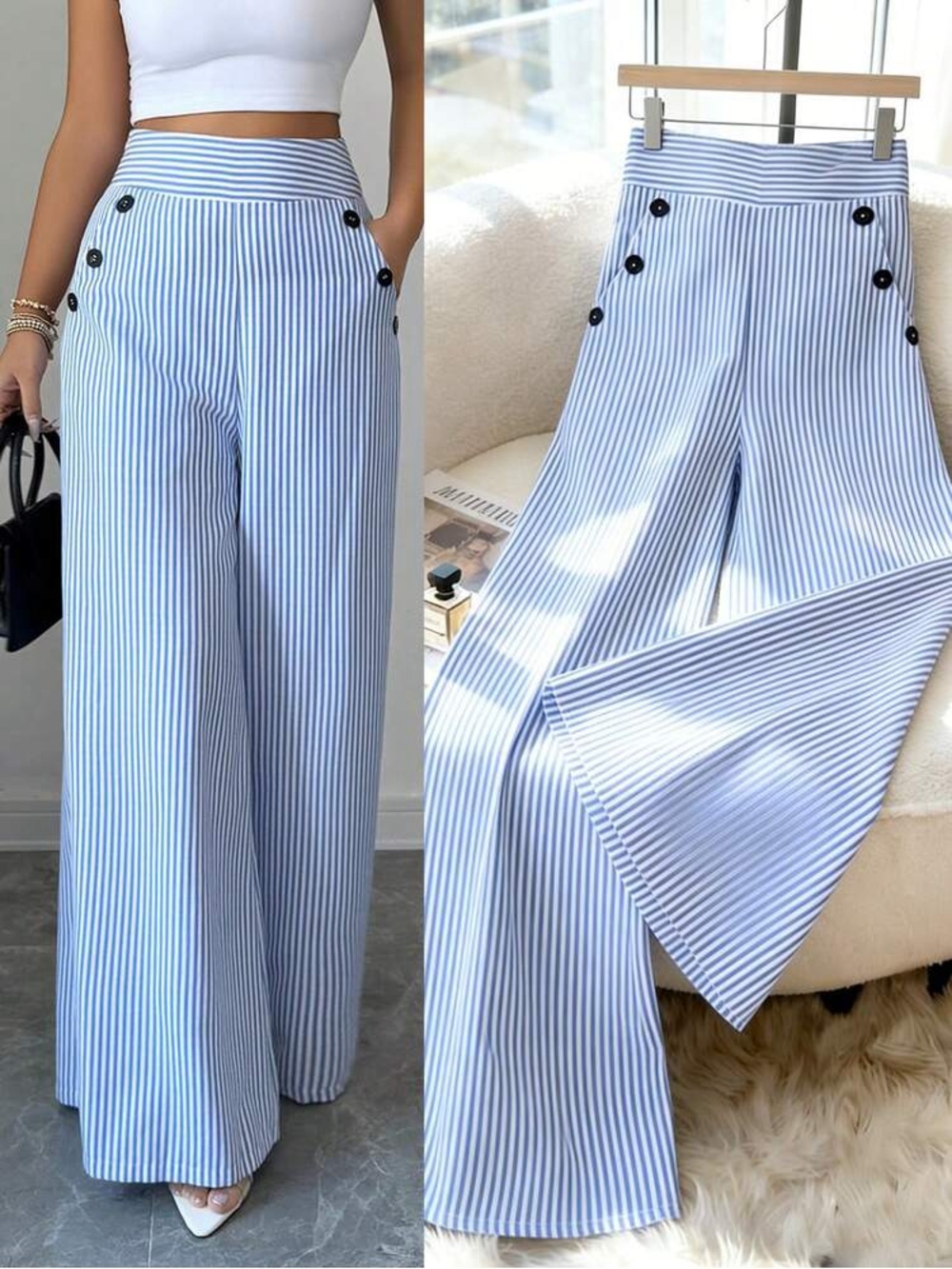 NWOT Striped High-Waist Wide-Leg Pants - Blue/White